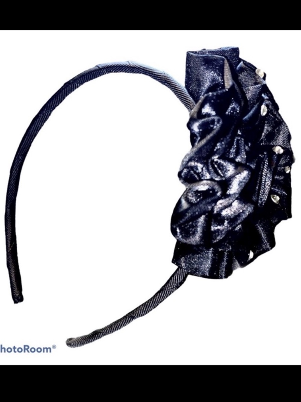 NWOT Black Rosette Satin Flower Headband w Rhinestone Embellishments
